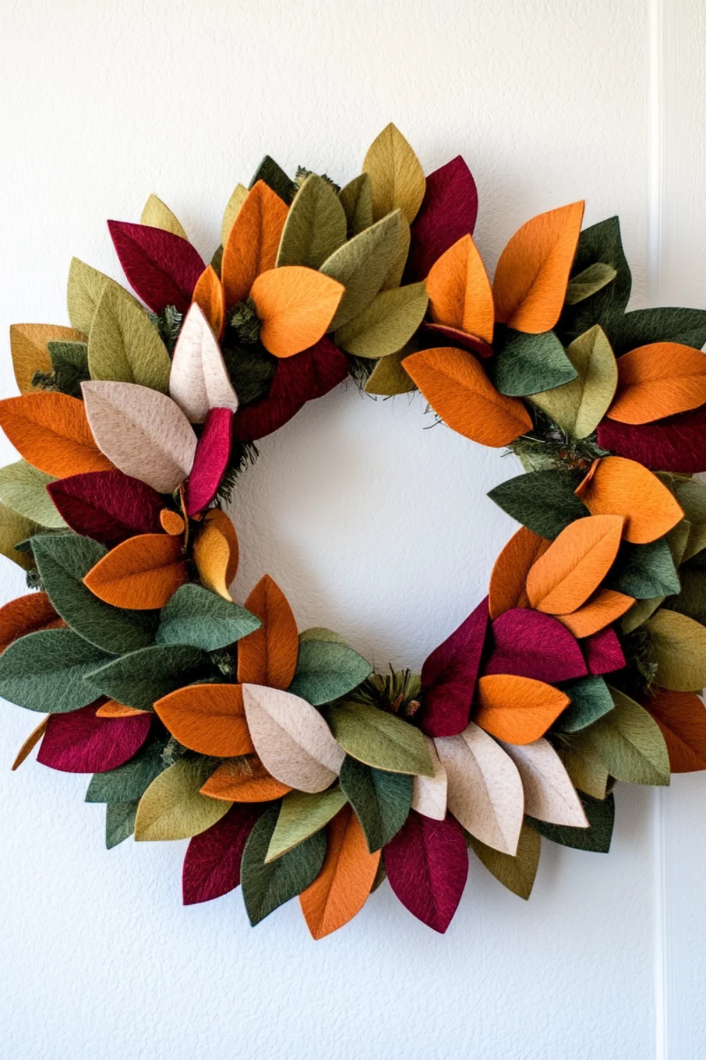 "Colorful felt leaf wreath with autumn colors hanging on a white wall."