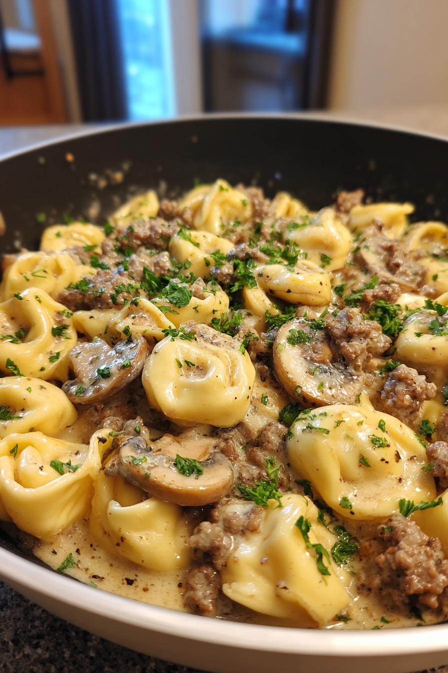skillet beef stroganoff tortellini in creamy sauce